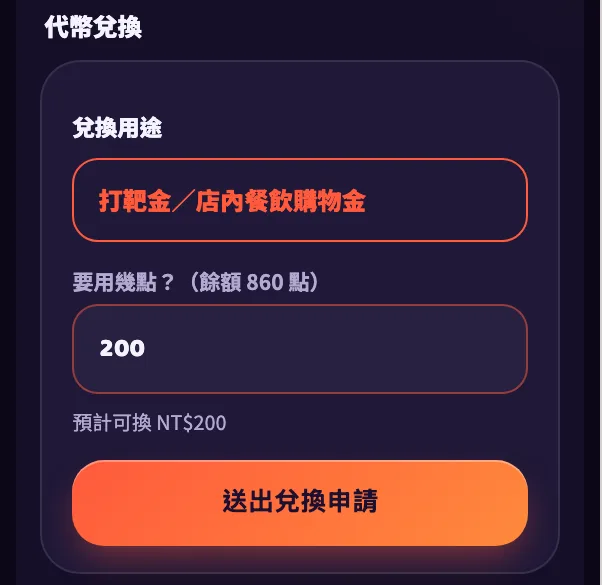 兌換頁：選打靶金或店內餐飲購物金，填要用幾點就能送出申請